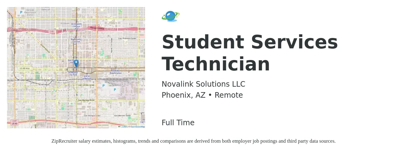 Novalink Solutions LLC job posting for a Student Services Technician in Phoenix, AZ with a salary of $14 to $20 Hourly with a map of Phoenix location.