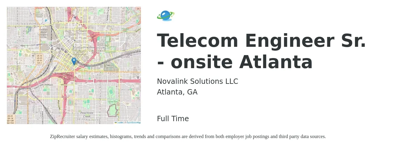 Novalink Solutions LLC job posting for a Telecom Engineer Sr. - onsite Atlanta in Atlanta, GA with a salary of $49 to $65 Hourly with a map of Atlanta location.