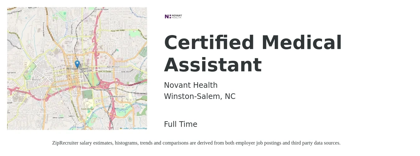 Novant Health job posting for a Certified Medical Assistant in Winston-Salem, NC with a salary of $16 to $20 Hourly with a map of Winston-Salem location.