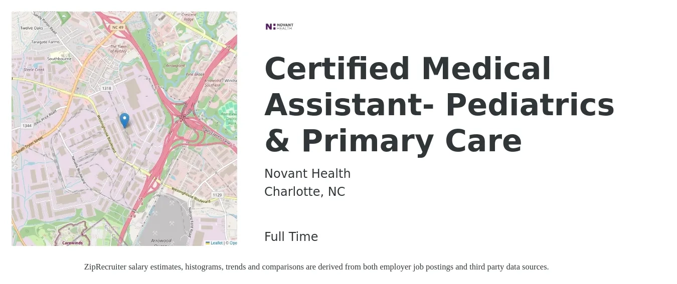 Novant Health job posting for a Certified Medical Assistant- Pediatrics & Primary Care in Charlotte, NC with a salary of $16 to $20 Hourly with a map of Charlotte location.