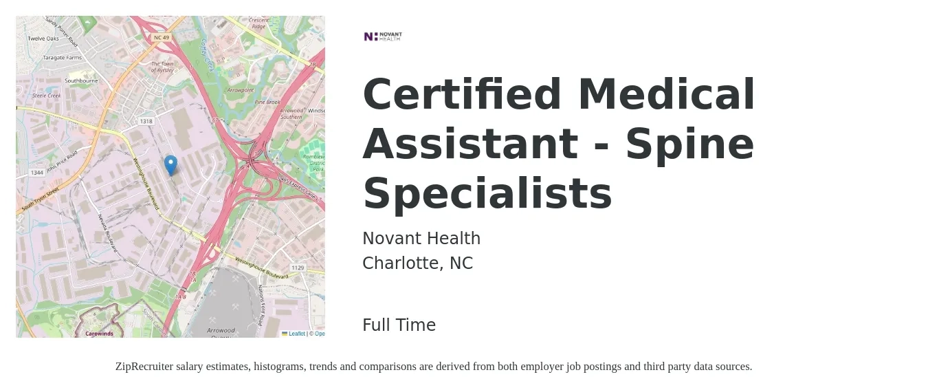 Novant Health job posting for a Certified Medical Assistant - Spine Specialists in Charlotte, NC with a salary of $16 to $21 Hourly with a map of Charlotte location.