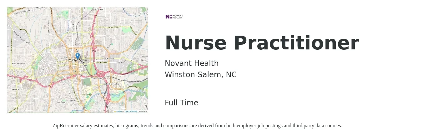 Novant Health job posting for a Nurse Practitioner in Winston-Salem, NC with a salary of $99,600 to $138,400 Yearly with a map of Winston-Salem location.