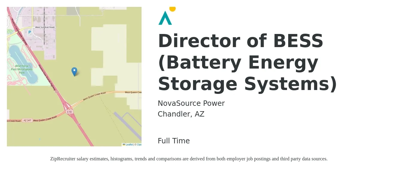 NovaSource Power job posting for a Director of BESS (Battery Energy Storage Systems) in Chandler, AZ with a salary of $108,400 to $166,200 Yearly with a map of Chandler location.