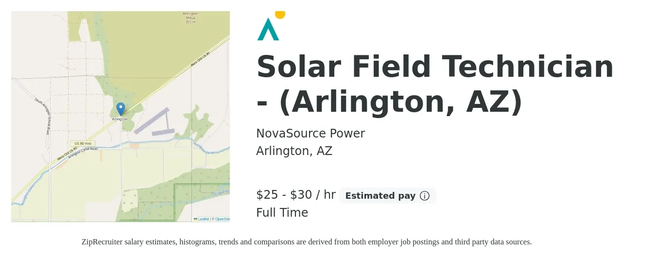 NovaSource Power job posting for a Solar Field Technician - (Arlington, AZ) in Arlington, AZ with a salary of $27 to $32 Hourly with a map of Arlington location.