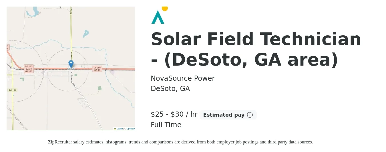 NovaSource Power job posting for a Solar Field Technician - (DeSoto, GA area) in DeSoto, GA with a salary of $27 to $32 Hourly with a map of DeSoto location.