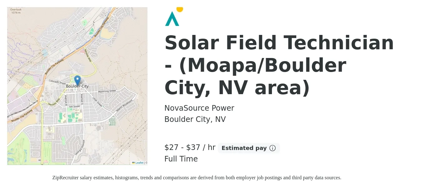 NovaSource Power job posting for a Solar Field Technician - (Moapa/Boulder City, NV area) in Boulder City, NV with a salary of $29 to $39 Hourly with a map of Boulder City location.