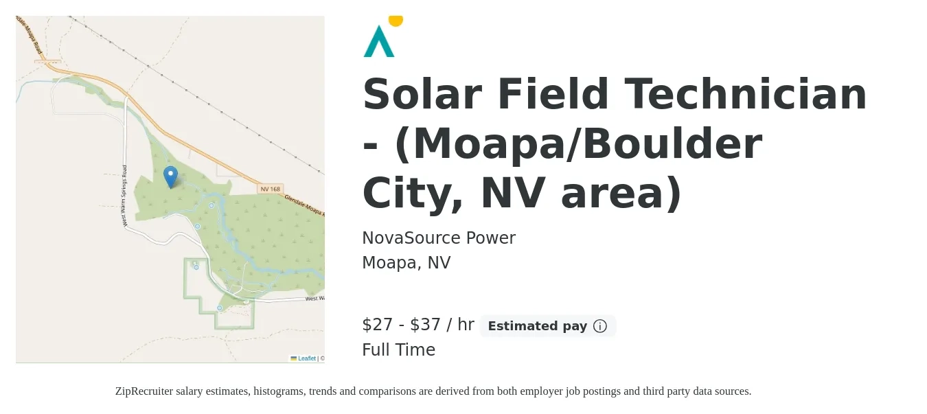 NovaSource Power job posting for a Solar Field Technician - (Moapa/Boulder City, NV area) in Moapa, NV with a salary of $29 to $39 Hourly with a map of Moapa location.