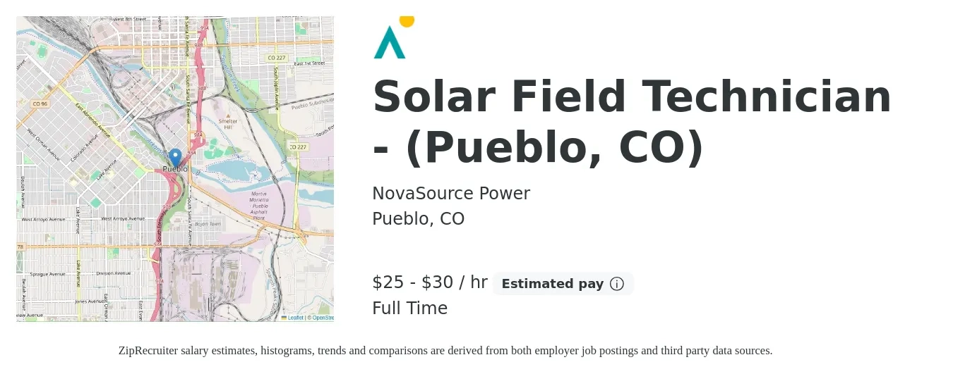 NovaSource Power job posting for a Solar Field Technician - (Pueblo, CO) in Pueblo, CO with a salary of $27 to $32 Hourly with a map of Pueblo location.