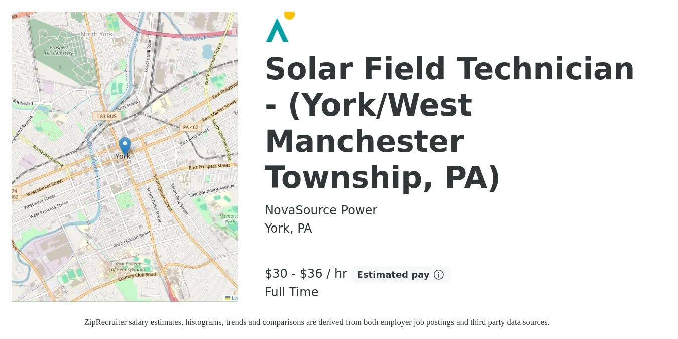 NovaSource Power job posting for a Solar Field Technician - (York/West Manchester Township, PA) in York, PA with a salary of $32 to $38 Hourly with a map of York location.