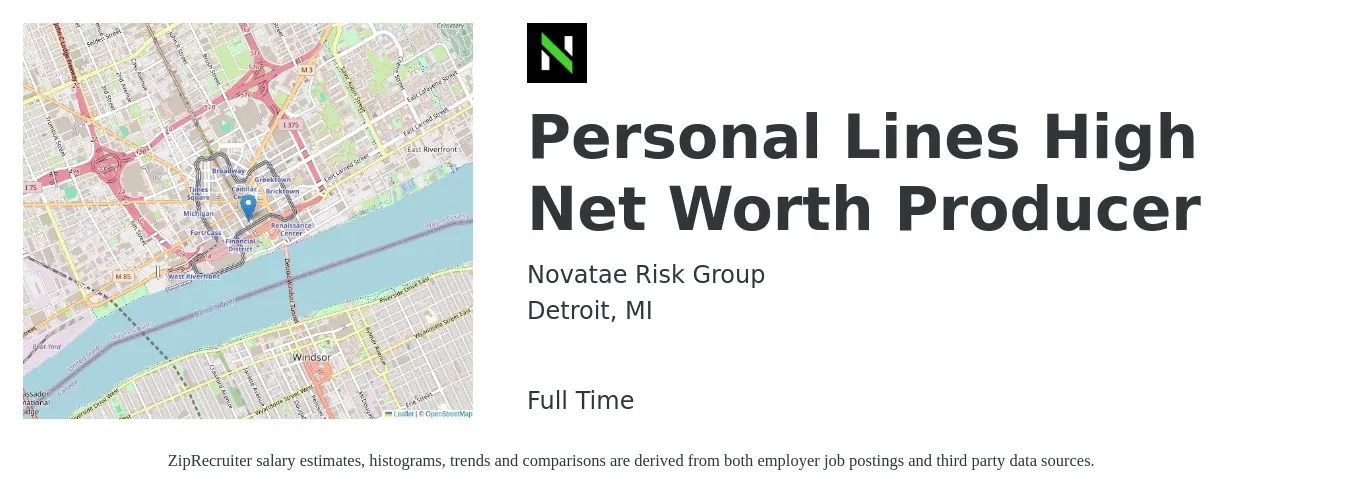 Novatae Risk Group job posting for a Personal Lines High Net Worth Producer in Detroit, MI with a salary of $38,600 to $52,000 Yearly with a map of Detroit location.