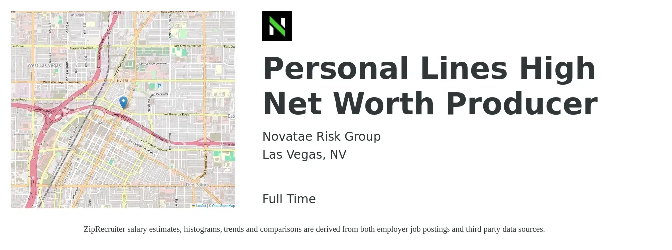 Novatae Risk Group job posting for a Personal Lines High Net Worth Producer in Las Vegas, NV with a salary of $37,200 to $50,100 Yearly with a map of Las Vegas location.