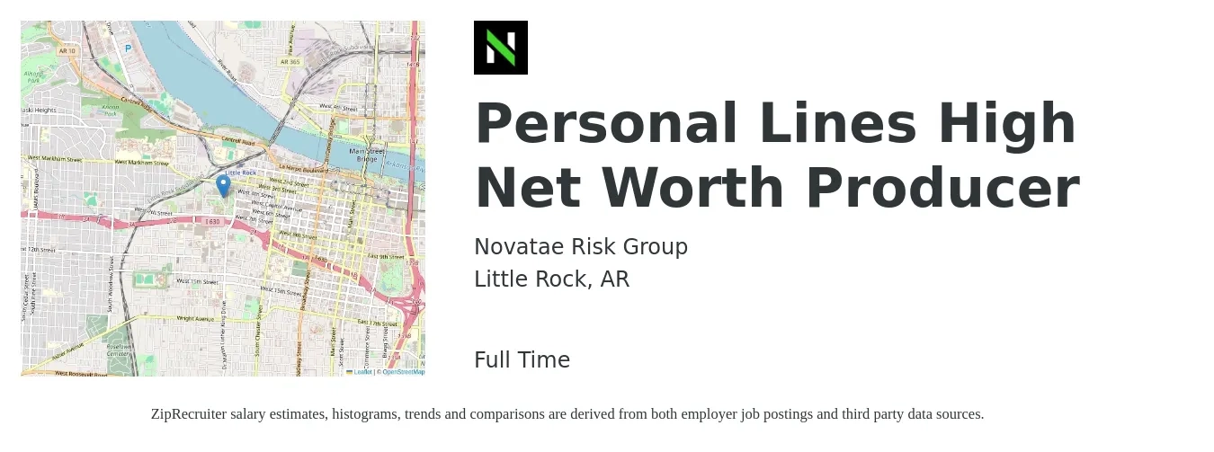 Novatae Risk Group job posting for a Personal Lines High Net Worth Producer in Little Rock, AR with a salary of $37,400 to $50,400 Yearly with a map of Little Rock location.