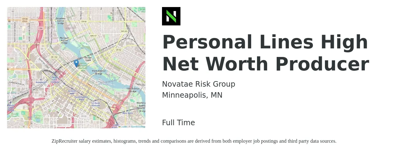 Novatae Risk Group job posting for a Personal Lines High Net Worth Producer in Minneapolis, MN with a salary of $40,700 to $54,800 Yearly with a map of Minneapolis location.