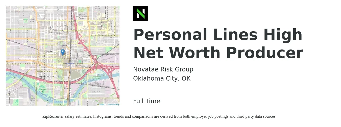 Novatae Risk Group job posting for a Personal Lines High Net Worth Producer in Oklahoma City, OK with a salary of $36,200 to $48,800 Yearly with a map of Oklahoma City location.