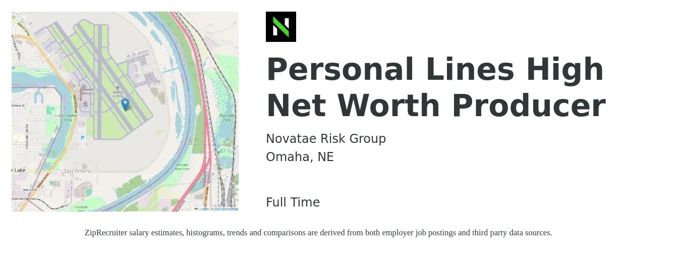 Novatae Risk Group job posting for a Personal Lines High Net Worth Producer in Omaha, NE with a salary of $37,300 to $50,200 Yearly with a map of Omaha location.