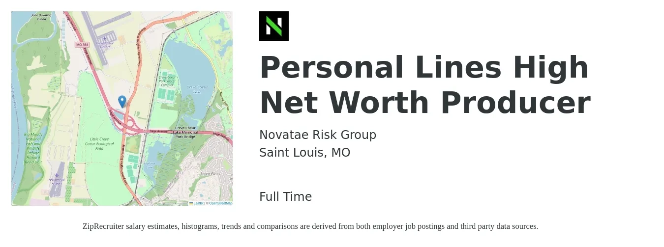 Novatae Risk Group job posting for a Personal Lines High Net Worth Producer in Saint Louis, MO with a salary of $37,900 to $51,000 Yearly with a map of Saint Louis location.