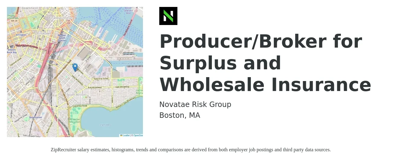 Novatae Risk Group job posting for a Producer/Broker for Surplus and Wholesale Insurance in Boston, MA with a salary of $82,600 to $108,600 Yearly with a map of Boston location.