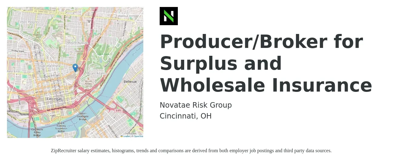 Novatae Risk Group job posting for a Producer/Broker for Surplus and Wholesale Insurance in Cincinnati, OH with a salary of $72,900 to $95,900 Yearly with a map of Cincinnati location.