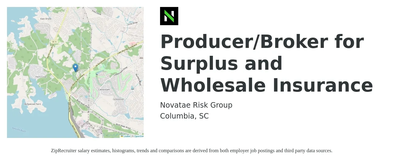 Novatae Risk Group job posting for a Producer/Broker for Surplus and Wholesale Insurance in Columbia, SC with a salary of $62,100 to $81,700 Yearly with a map of Columbia location.