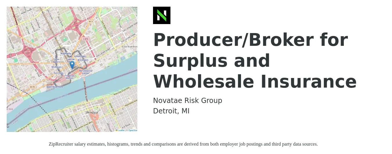 Novatae Risk Group job posting for a Producer/Broker for Surplus and Wholesale Insurance in Detroit, MI with a salary of $75,200 to $99,000 Yearly with a map of Detroit location.
