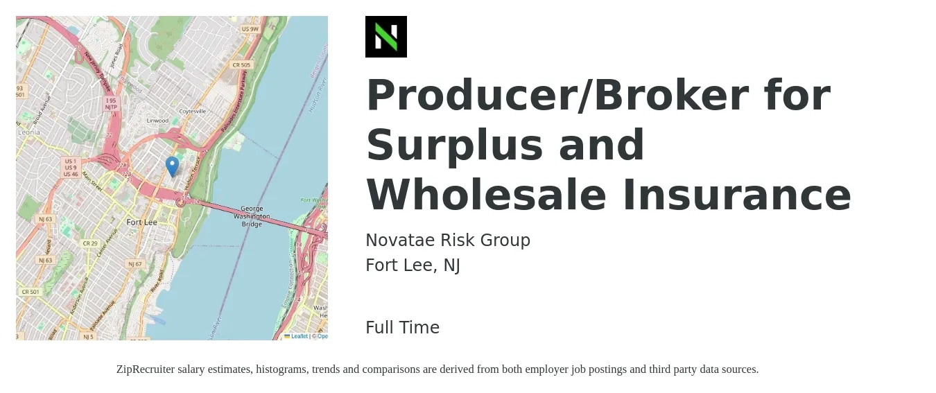 Novatae Risk Group job posting for a Producer/Broker for Surplus and Wholesale Insurance in Fort Lee, NJ with a salary of $77,300 to $101,700 Yearly with a map of Fort Lee location.