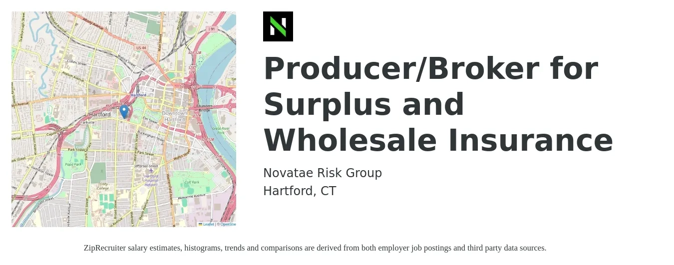 Novatae Risk Group job posting for a Producer/Broker for Surplus and Wholesale Insurance in Hartford, CT with a salary of $76,700 to $100,900 Yearly with a map of Hartford location.