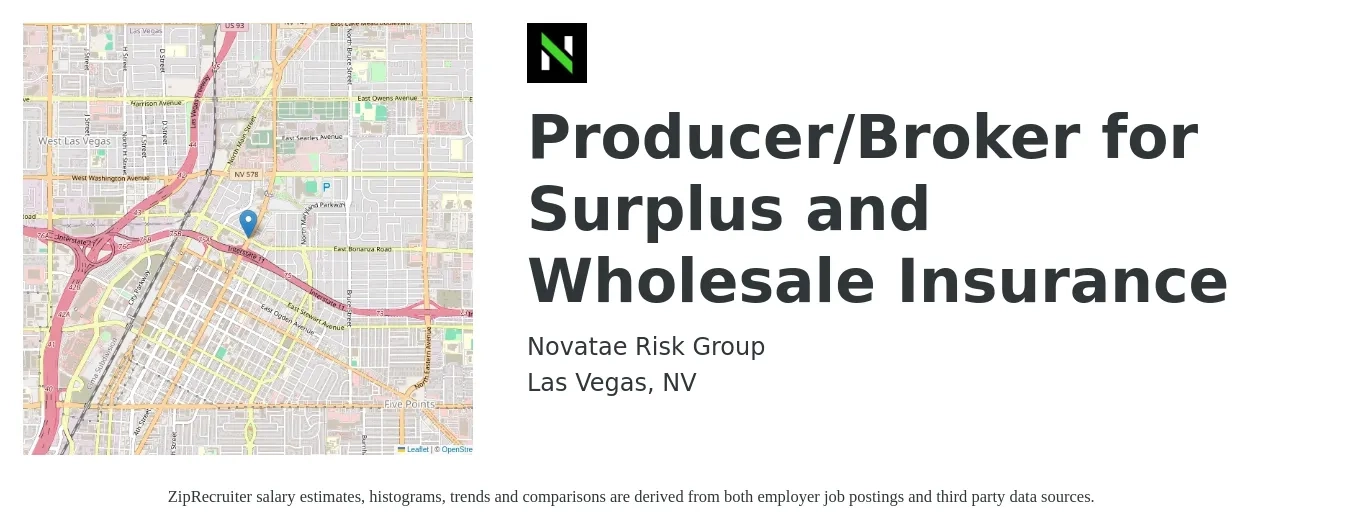 Novatae Risk Group job posting for a Producer/Broker for Surplus and Wholesale Insurance in Las Vegas, NV with a salary of $73,000 to $96,100 Yearly with a map of Las Vegas location.