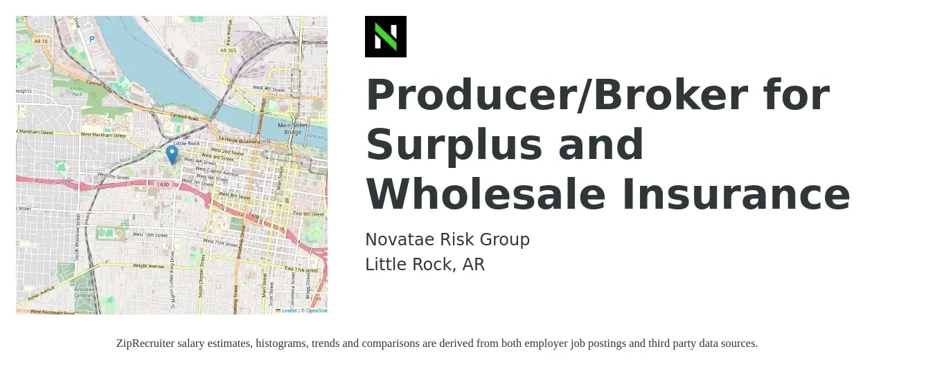 Novatae Risk Group job posting for a Producer/Broker for Surplus and Wholesale Insurance in Little Rock, AR with a salary of $72,900 to $95,900 Yearly with a map of Little Rock location.