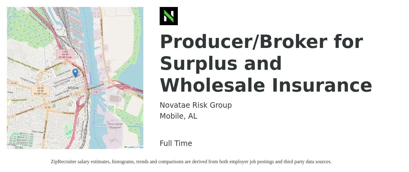 Novatae Risk Group job posting for a Producer/Broker for Surplus and Wholesale Insurance in Mobile, AL with a salary of $75,400 to $99,200 Yearly with a map of Mobile location.