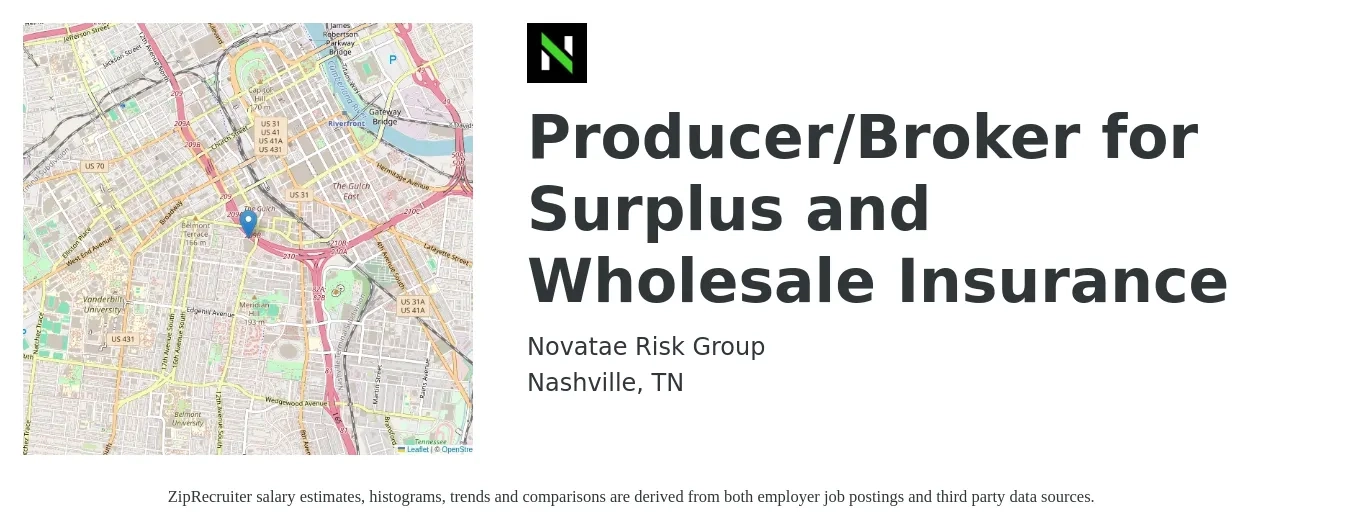 Novatae Risk Group job posting for a Producer/Broker for Surplus and Wholesale Insurance in Nashville, TN with a salary of $73,400 to $96,600 Yearly with a map of Nashville location.