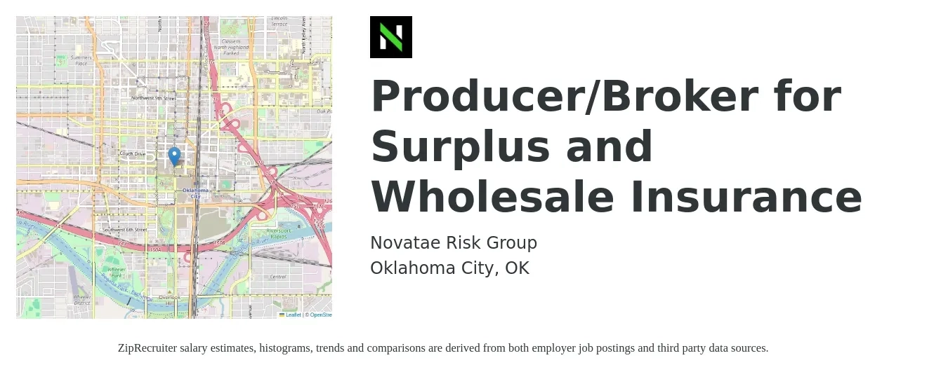 Novatae Risk Group job posting for a Producer/Broker for Surplus and Wholesale Insurance in Oklahoma City, OK with a salary of $70,600 to $92,900 Yearly with a map of Oklahoma City location.