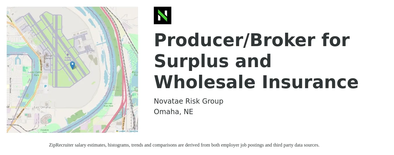Novatae Risk Group job posting for a Producer/Broker for Surplus and Wholesale Insurance in Omaha, NE with a salary of $72,700 to $95,700 Yearly with a map of Omaha location.