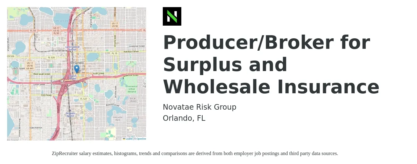 Novatae Risk Group job posting for a Producer/Broker for Surplus and Wholesale Insurance in Orlando, FL with a salary of $70,900 to $93,400 Yearly with a map of Orlando location.