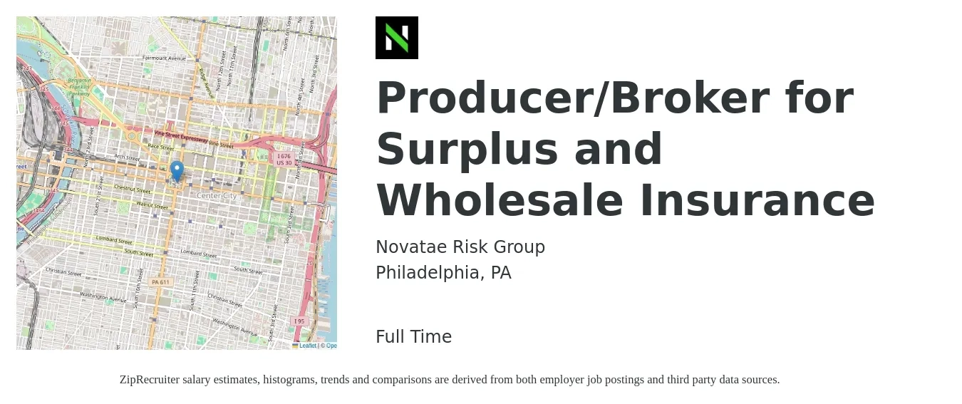 Novatae Risk Group job posting for a Producer/Broker for Surplus and Wholesale Insurance in Philadelphia, PA with a salary of $72,600 to $95,600 Yearly with a map of Philadelphia location.