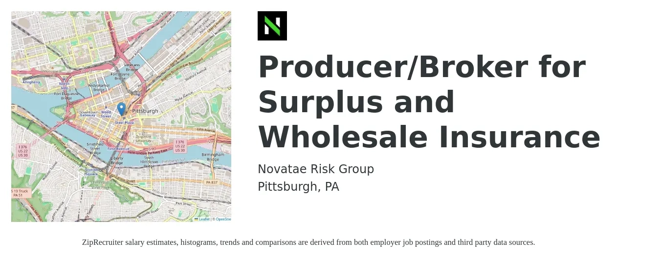 Novatae Risk Group job posting for a Producer/Broker for Surplus and Wholesale Insurance in Pittsburgh, PA with a salary of $73,800 to $97,100 Yearly with a map of Pittsburgh location.