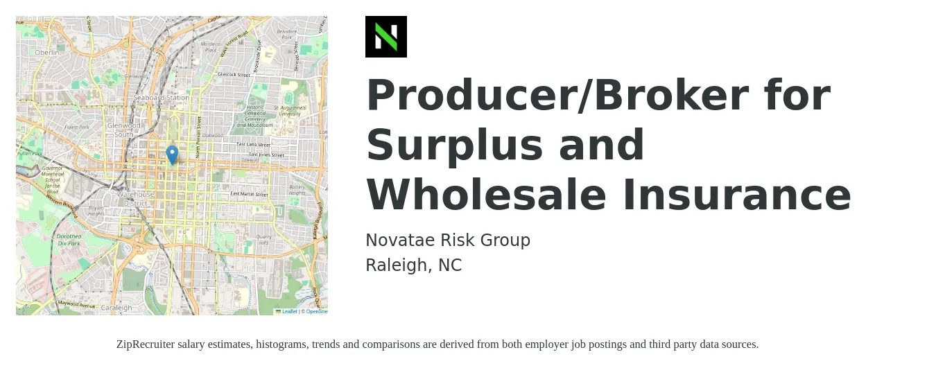 Novatae Risk Group job posting for a Producer/Broker for Surplus and Wholesale Insurance in Raleigh, NC with a salary of $73,900 to $97,200 Yearly with a map of Raleigh location.