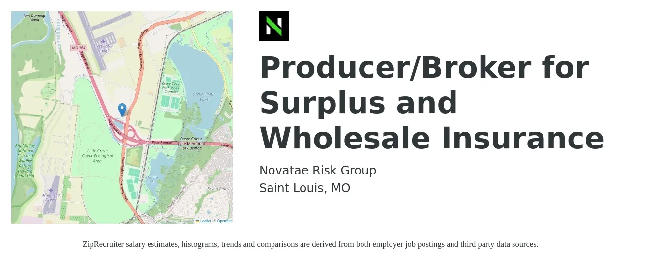 Novatae Risk Group job posting for a Producer/Broker for Surplus and Wholesale Insurance in Saint Louis, MO with a salary of $73,900 to $97,200 Yearly with a map of Saint Louis location.