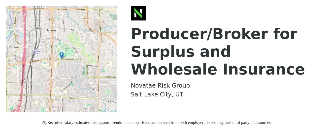 Novatae Risk Group job posting for a Producer/Broker for Surplus and Wholesale Insurance in Salt Lake City, UT with a salary of $73,500 to $96,800 Yearly with a map of Salt Lake City location.