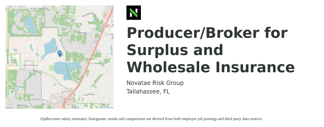 Novatae Risk Group job posting for a Producer/Broker for Surplus and Wholesale Insurance in Tallahassee, FL with a salary of $72,200 to $95,000 Yearly with a map of Tallahassee location.