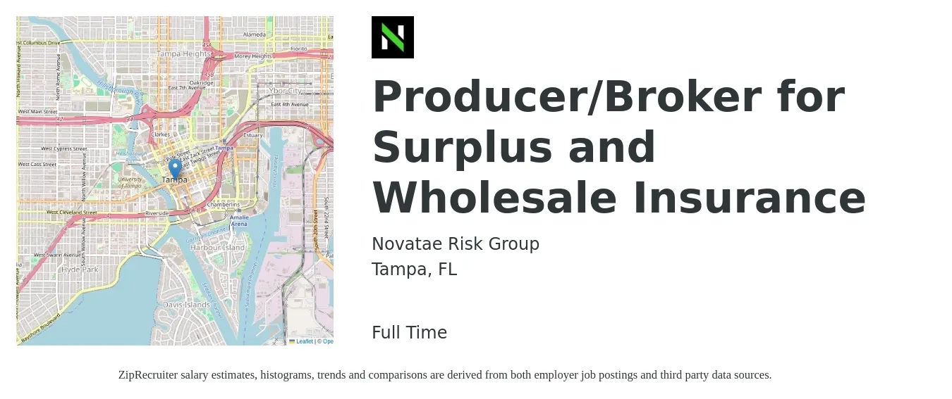 Novatae Risk Group job posting for a Producer/Broker for Surplus and Wholesale Insurance in Tampa, FL with a salary of $71,800 to $94,500 Yearly with a map of Tampa location.