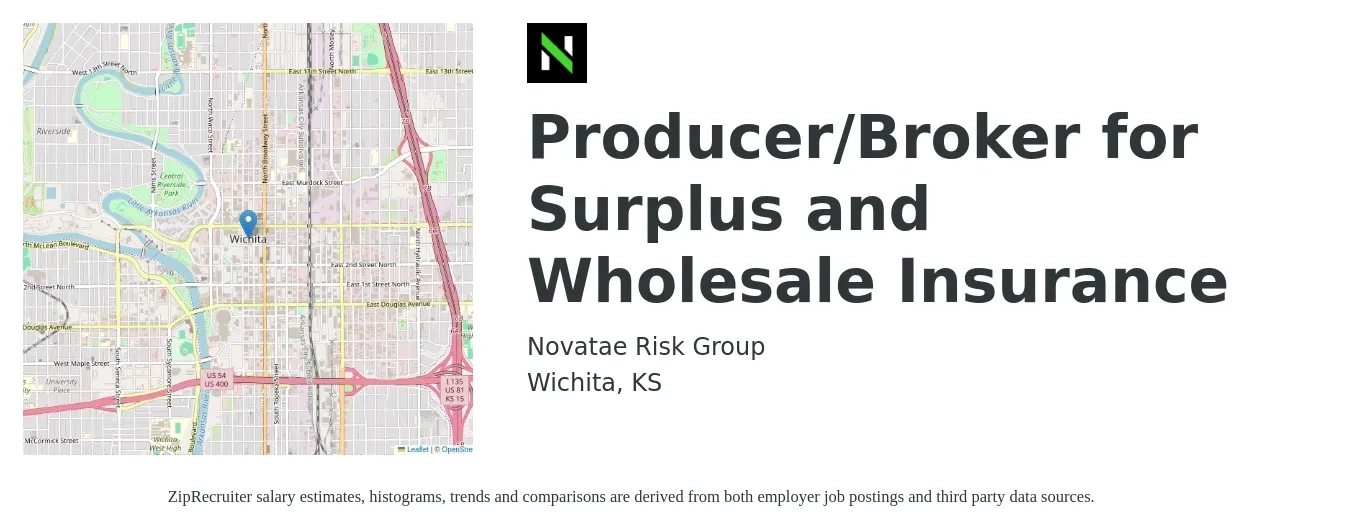 Novatae Risk Group job posting for a Producer/Broker for Surplus and Wholesale Insurance in Wichita, KS with a salary of $68,000 to $89,500 Yearly with a map of Wichita location.