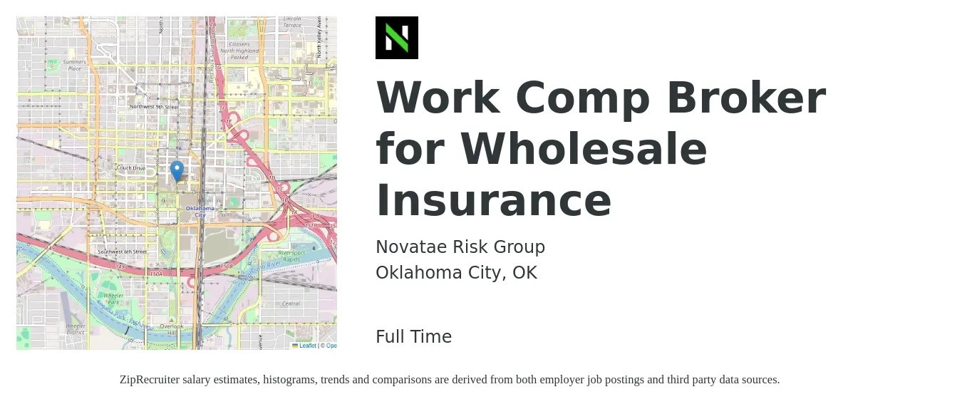 Novatae Risk Group job posting for a Work Comp Broker for Wholesale Insurance in Oklahoma City, OK with a salary of $70,600 to $92,900 Yearly with a map of Oklahoma City location.