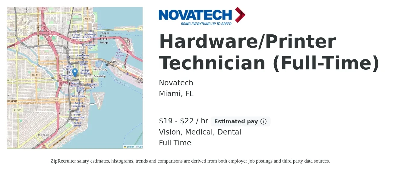 Novatech job posting for a Hardware/Printer Technician (Full-Time) in Miami, FL with a salary of $20 to $23 Hourly and benefits including life_insurance, medical, retirement, vision, and dental with a map of Miami location.