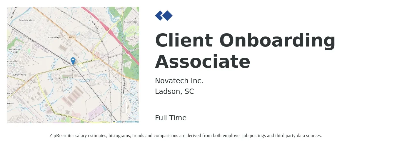 Novatech Inc. job posting for a Client Onboarding Associate in Ladson, SC with a salary of $37,100 to $64,000 Yearly with a map of Ladson location.