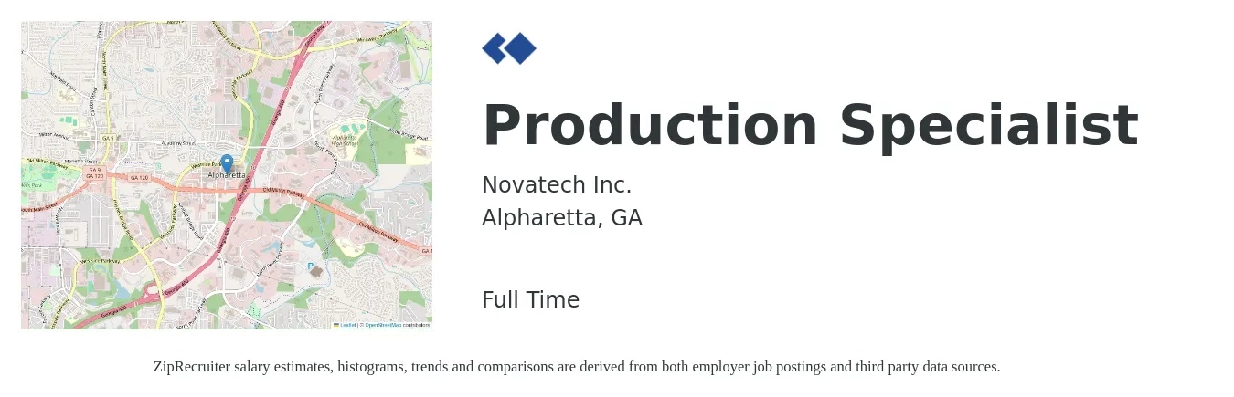 Novatech Inc. job posting for a Production Specialist in Alpharetta, GA with a salary of $16 to $22 Hourly with a map of Alpharetta location.