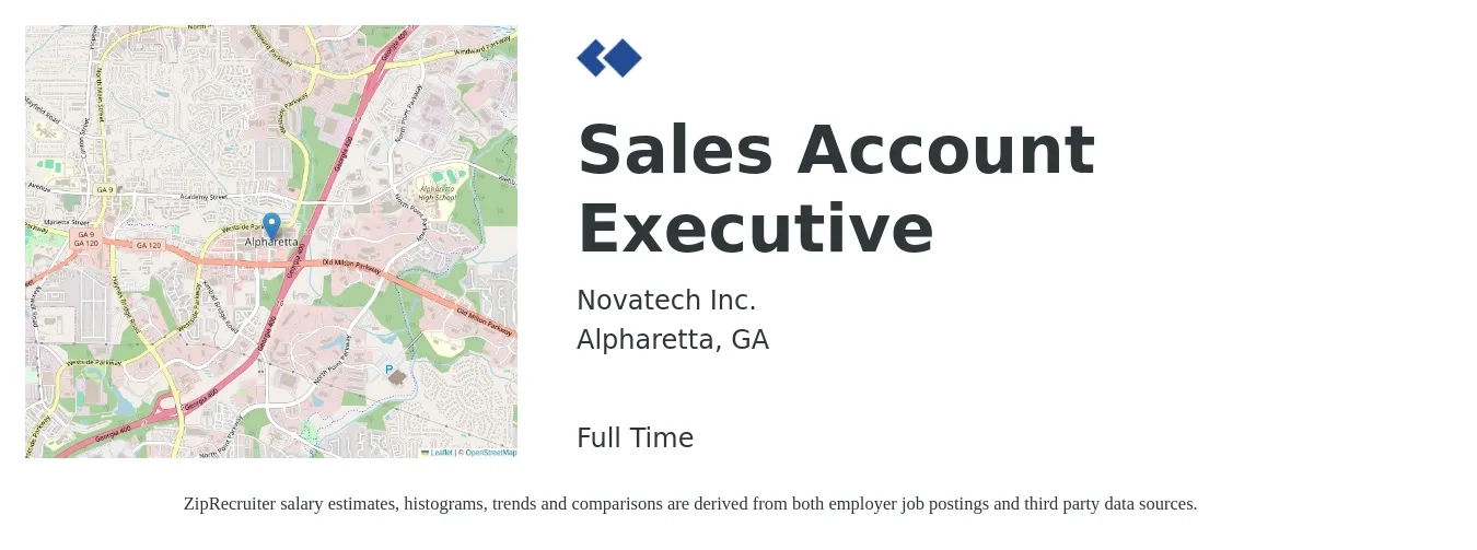 Novatech Inc. job posting for a Sales Account Executive in Alpharetta, GA with a salary of $51,600 to $81,100 Yearly with a map of Alpharetta location.