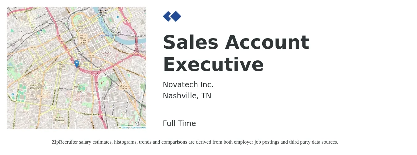 Novatech Inc. job posting for a Sales Account Executive in Nashville, TN with a salary of $50,700 to $79,700 Yearly with a map of Nashville location.
