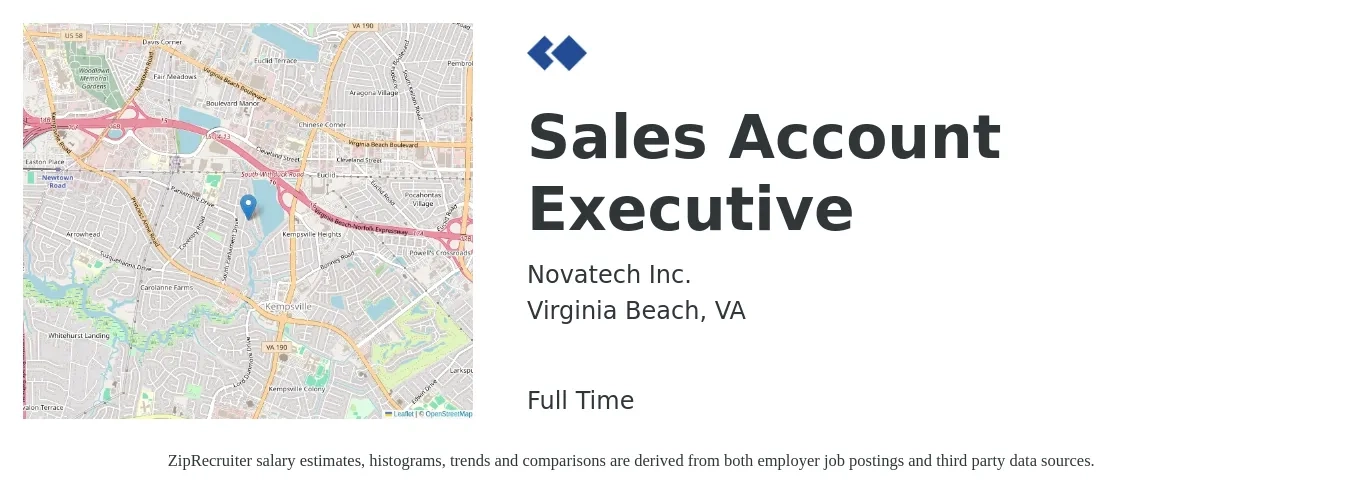 Novatech Inc. job posting for a Sales Account Executive in Virginia Beach, VA with a salary of $47,800 to $75,000 Yearly with a map of Virginia Beach location.