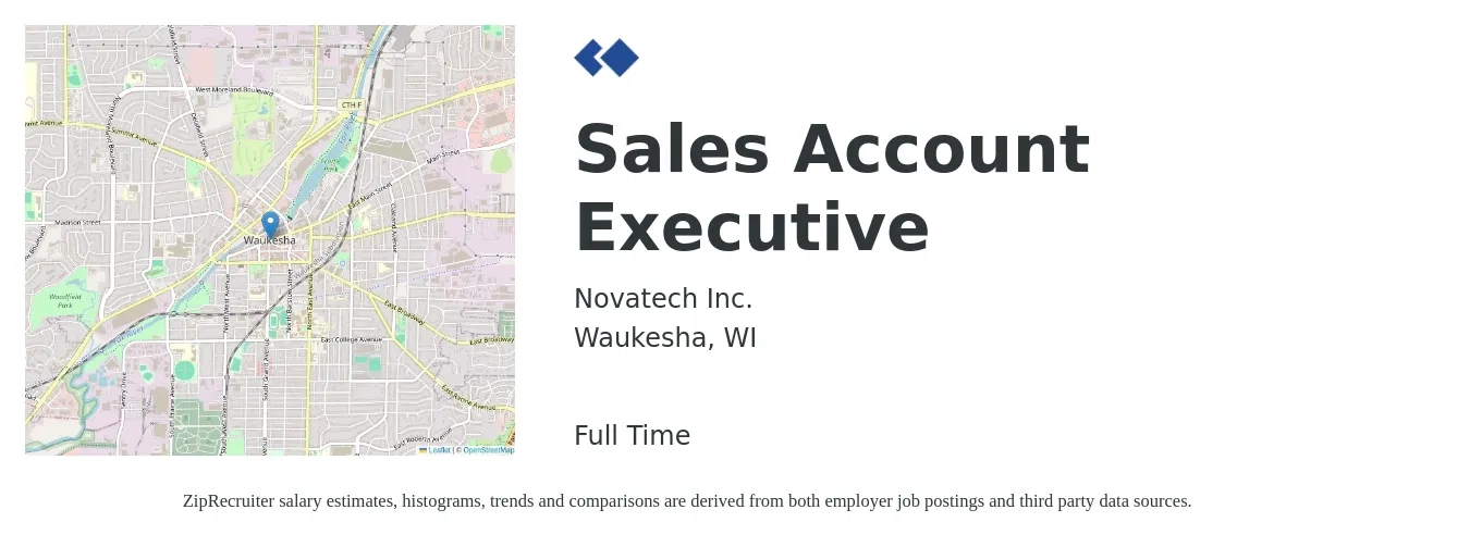 Novatech Inc. job posting for a Sales Account Executive in Waukesha, WI with a salary of $53,600 to $84,100 Yearly with a map of Waukesha location.