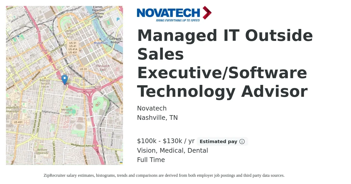 Novatech job posting for a Managed IT Outside Sales Executive/Software Technology Advisor in Nashville, TN with a salary of $100,000 to $130,000 Yearly and benefits including dental, life_insurance, medical, retirement, and vision with a map of Nashville location.